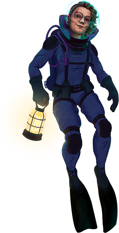 Drawing of Krystal in a diving suit, floating underwater